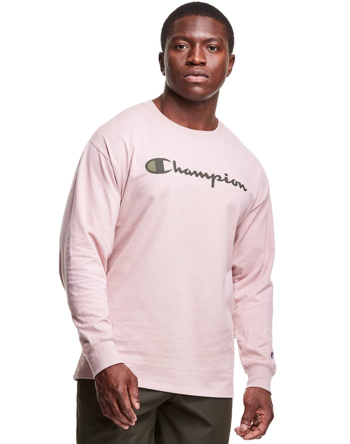 Champion Herre T-Shirts Lyserød - Classic Long-Sleeve Script Logo - Danmark XQD-672918